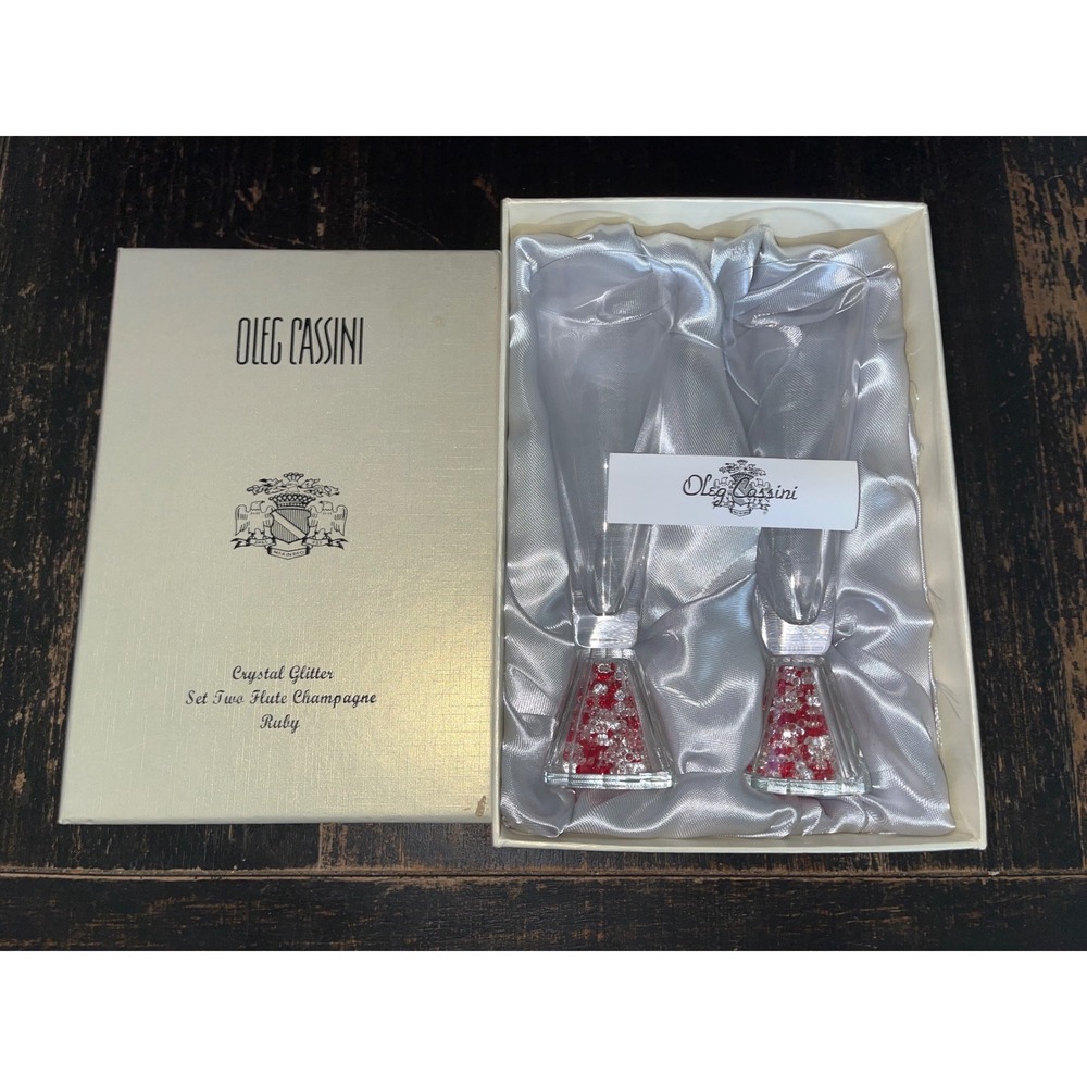 Oleg Cassini Crystal Glitter Ruby Champagne Flute Set of 2 Red Wedding Toasting